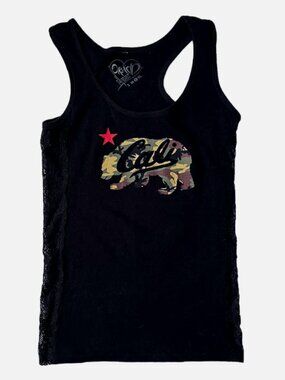 California Republic Large Tank Top Women's Black Cali Bear Camo Racerback Y2K